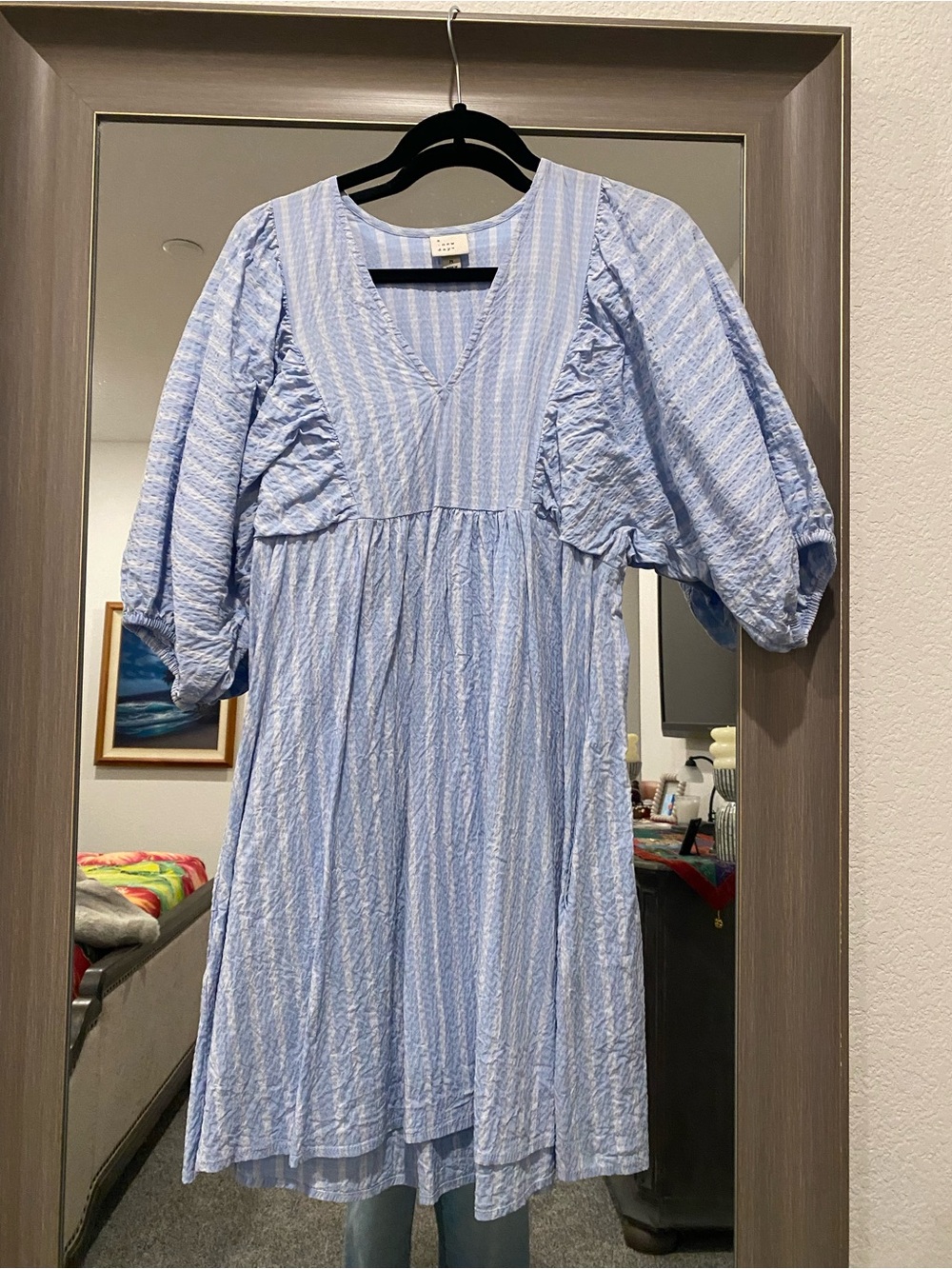 Blue Striped Puff-Sleeve Dress